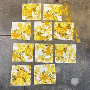 Vintage set of 10 asst size’s floral gold / yellow napkins handmade zig zag hems